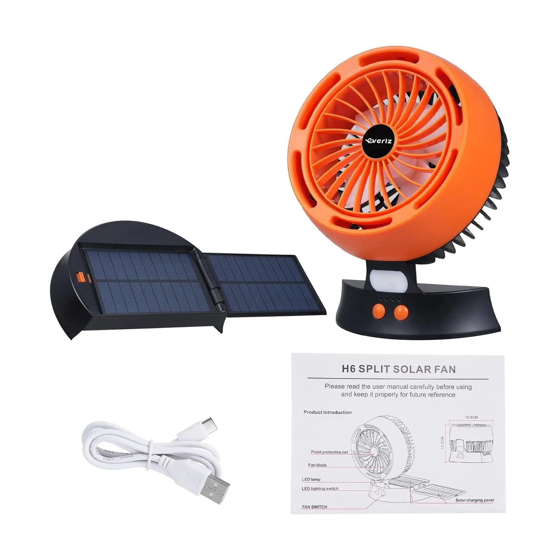 Ventilador Solar Portátil EVERIZ – Batería 10000mAh – 4 Velocidades – LED
