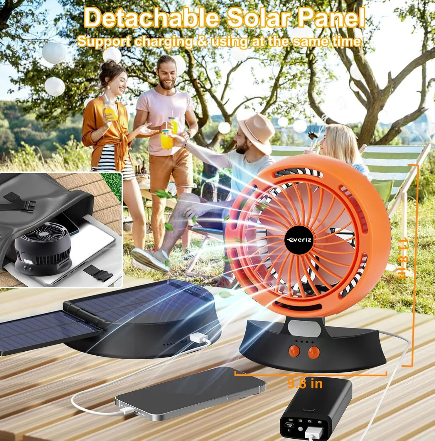 Ventilador Solar Portátil EVERIZ – Batería 10000mAh – 4 Velocidades – LED