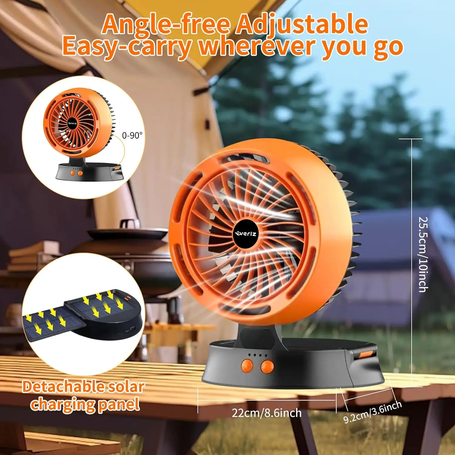 Ventilador Solar Portátil EVERIZ – Batería 10000mAh – 4 Velocidades – LED