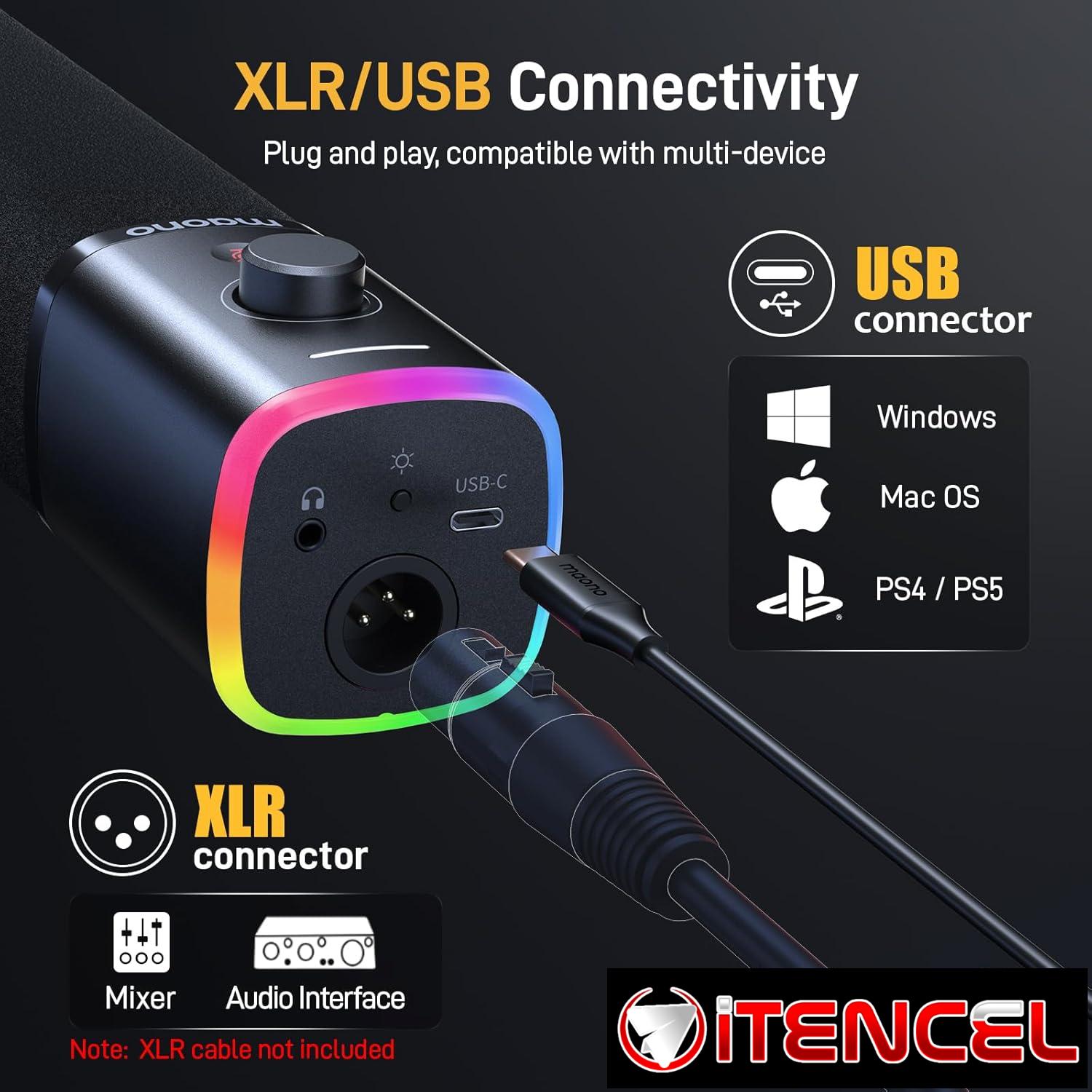 MAONO PD100X Micrófono dinámico Gaming: Micrófono dinámico USB XLR para computadora con micrófono de PC RGB Software-RGB