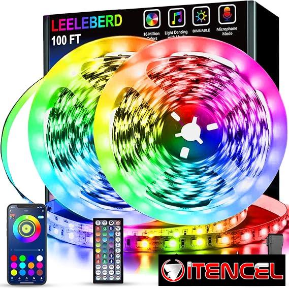 Luces LED RGB 100 pies – Sincronización musical, cambio de color, control remoto y app, Bluetooth, decoración hogar y fiestas