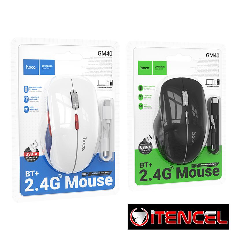Hoco – Mouse Inalámbrico GM40 ⚡ RGB Recargable | Dual Mode 2.4G + Bluetooth