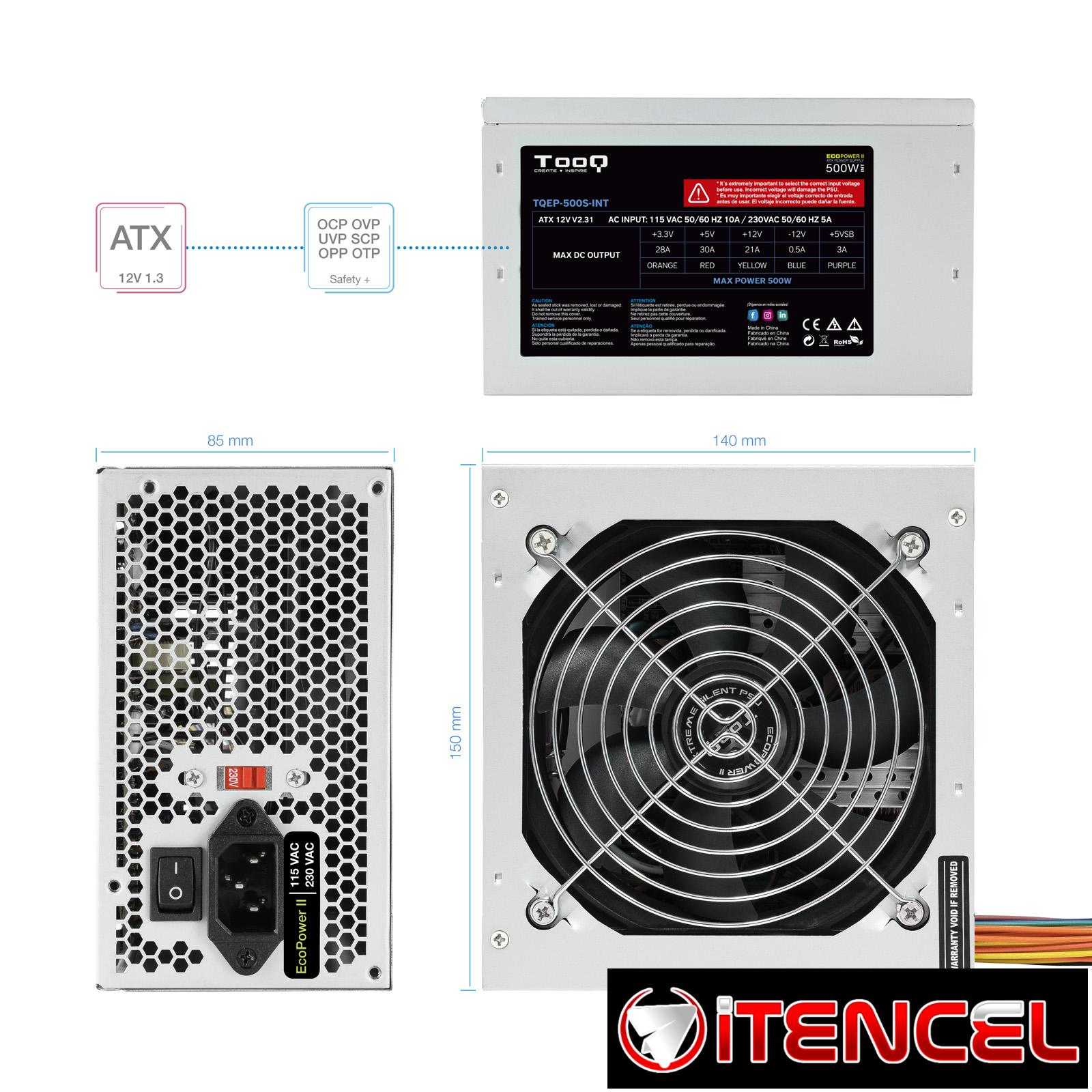Fuente de alimentación 500W TOOQ Modelo: ATX TQEP-500S-INT