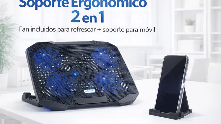 Soporte ergonómico 2 en 1 . Soporte de laptop – 4 fan + Soporte de móviles