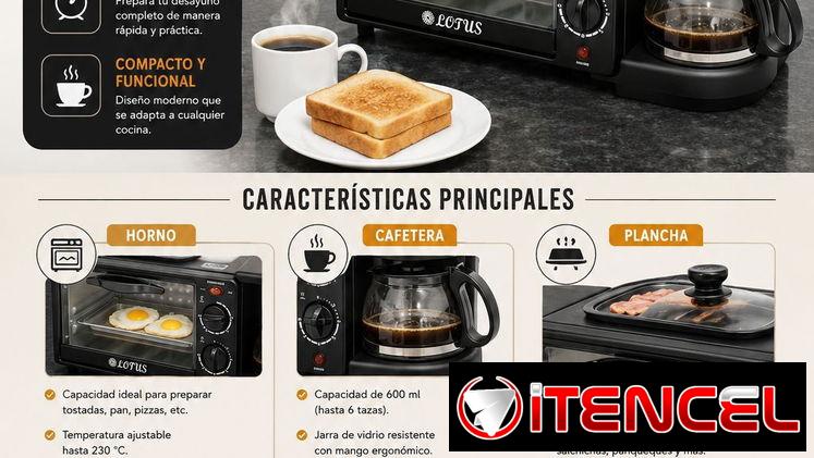Desayunador 3 en 1 ( horno 3 litros, sartén antiadherente y cafetera 4 tazas)