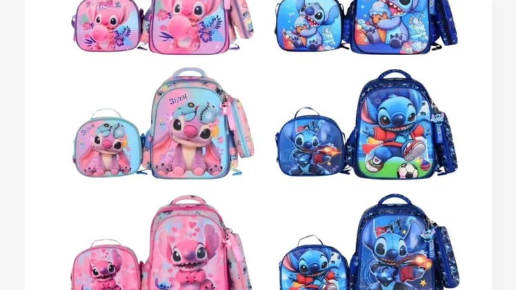 Juegos de mochilas en tendencia de Stitch con su merendero y porta lápices ideal para sus niños no pierdas la oportunida