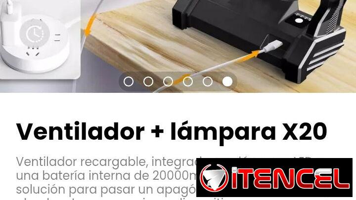 Ventilador + lámpara X20. Ventilador recargable, integrado con lámpara LED y una batería interna de 20000mAh.