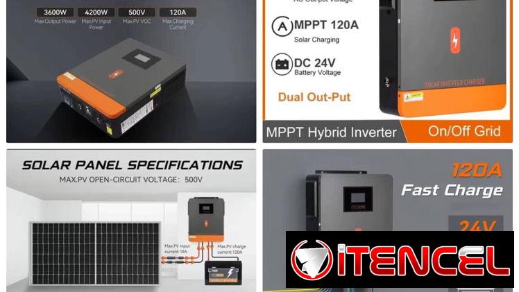 Inversor solar hibrido inteligente MPPT de 3.6kW, carga baterias de 24v DC hasta 120 A con 110V AC de salida.
