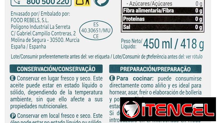 Aceite de coco prensado en frío 450ml 18usd