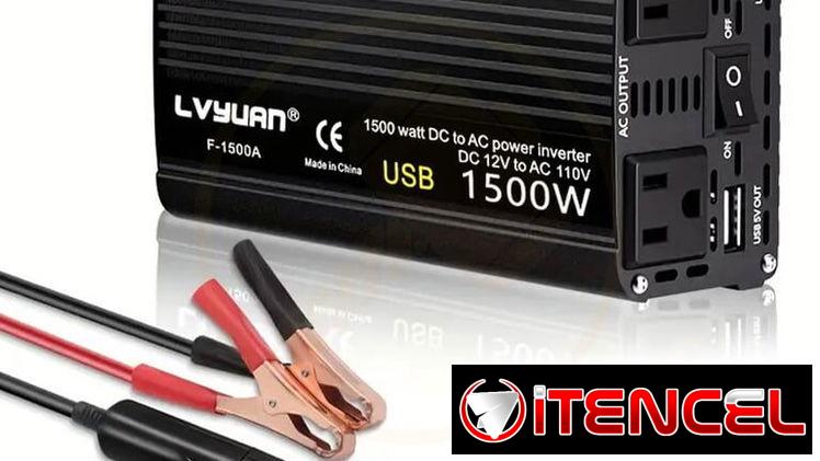 Inversor Convertidor de Corriente Lvyuan 1500W (Pico 3000W) DC 12V a AC 110V (60Hz). Negro