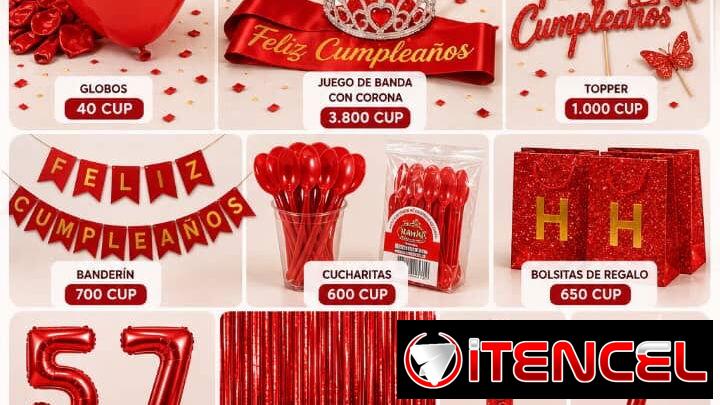 Globos, banderines feliz cumpleaños, coronas banda, manteles, bolsa de cumpleaños,