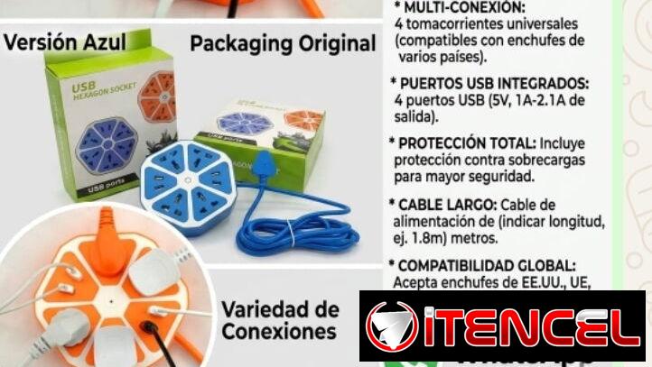 Extensión con 4 tomas corriente y 4 puertos USD