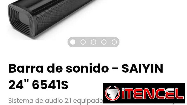 Barra de sonido – SAIYIN 24″ 6541S. Incluye transformador, cable óptico, cable auxiliar 3.5mm y kit de montaje en pared