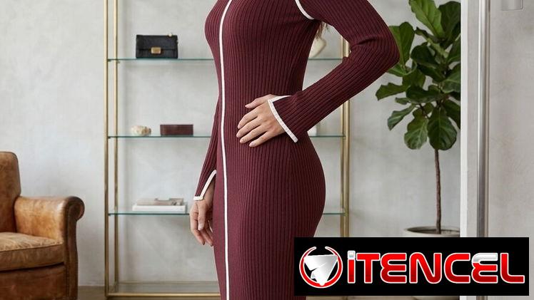 Vestido Midi Ajustado de Punto Acanalado Granate MEROKEETY – Talla M 25