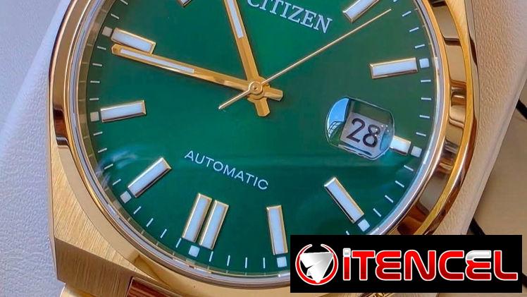 citizen dorado esfera verde, automático calibre 8210, cristal zafiro con lupa (cyclops) brazalete estilo “president”