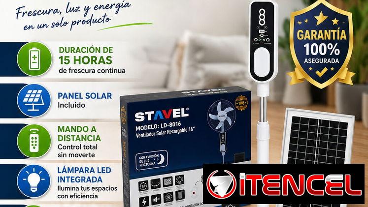 Ventilador Solar Stavel 16 Pulgadas Recargable Bateria LiFePO4 Duracion de 15 horas