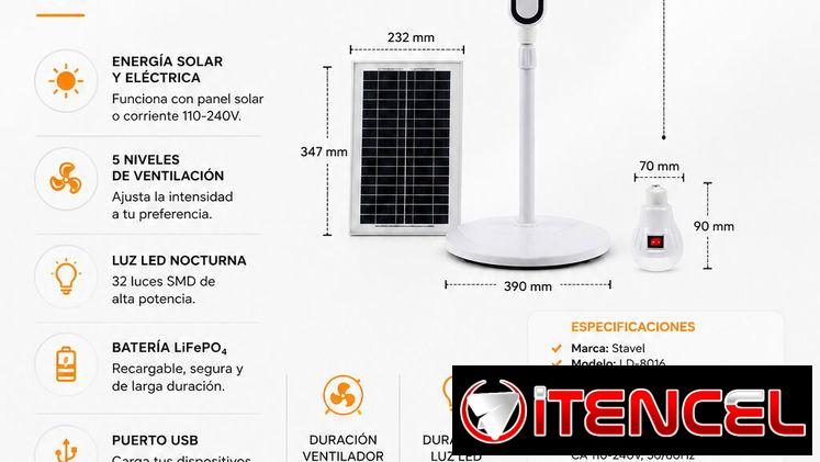 Ventilador Solar Recargable Stavel 16″ Nuevo Con Garantía (Acepto CUP, MLC, USD, ZELLE)