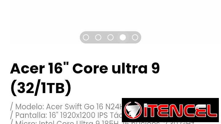 Acer 16″ Core ultra 9 (32/1TB). Modelo: Acer Swift Go 16 N24H2