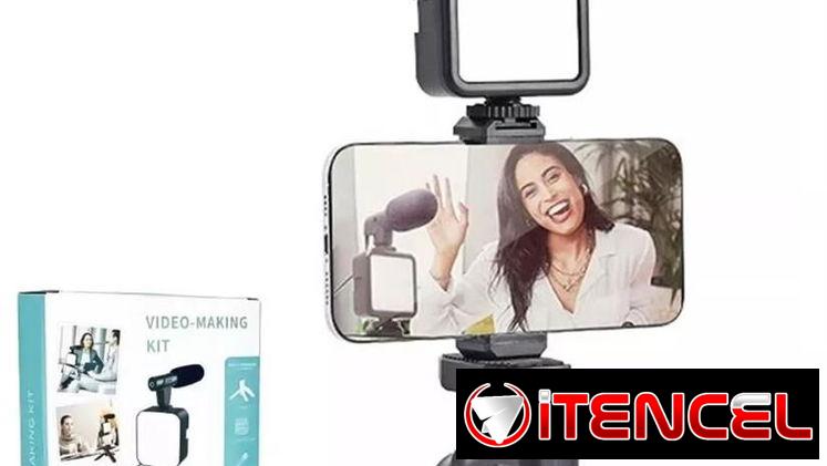Kit de grabación Para creadores de contenido incluye tripode,luz(necesita pilas)y microfono que se conecta al teléfono P