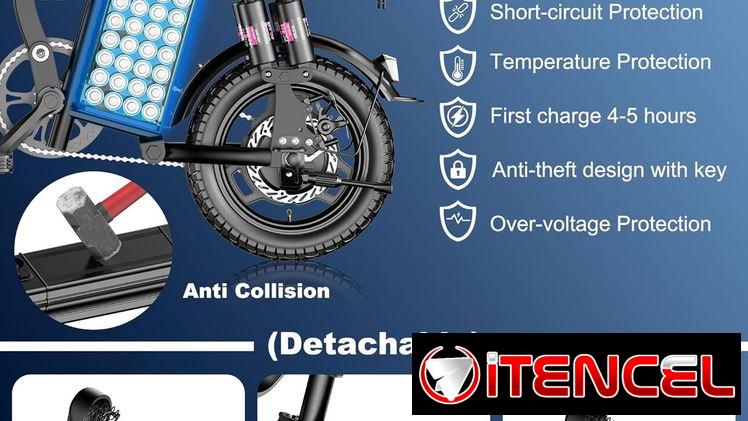 Bicicleta Eléctrica Plegable 14” 1200W 24MPH Batería 48V 10Ah Suspensión y Frenos de Disco