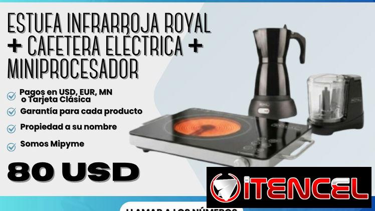 🍳 ESTUFA INFRARROJA 1500W ROYAL + CAFETERA ELÉCTRICA + MINIPROCESADOR ☕️  💰 Precio: $80