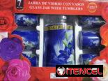 Jarra con vasos decoradas con flores