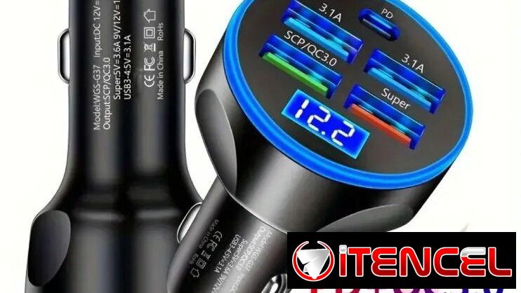 Cargador de coche USB de 5 puertos, adaptador de encendedor de cigarrillos de carga súper rápida de 250 W con monitor de