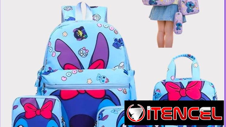Juegos de mochilas de Stitch con su merendero,su guarda lapiz y otra adicional