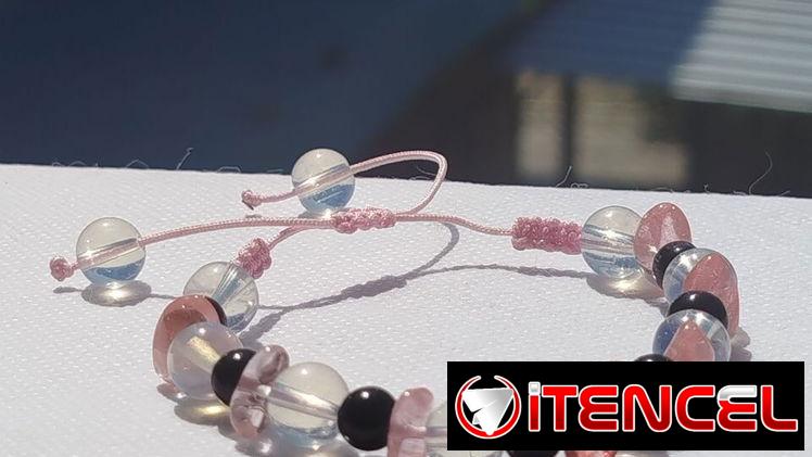 Pulsera de Cuarzo rosa chip, Piedra lunar y Onix