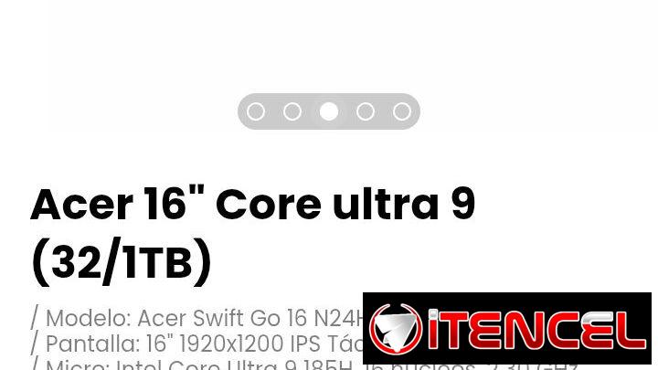 Acer 16″ Core ultra 9 (32/1TB). Modelo: Acer Swift Go 16 N24H2