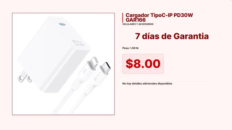 Cargador GAR166 Tipo-C a IP: Protección contra Cortocircuitos 30W VPT#-0077