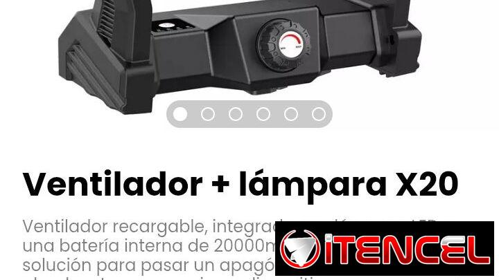 Ventilador + lámpara X20. Ventilador recargable, integrado con lámpara LED y una batería interna de 20000mAh.
