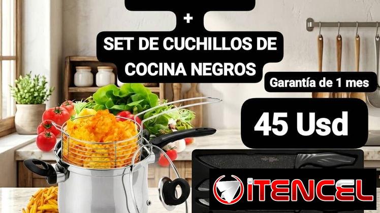 FREIDORA DE ACEITE CON CANASTA ESCURRIDORA + SET DE CUCHILLOS DE COCINA NEGROS, Garantía de 1 mes, Entrega costo adicion