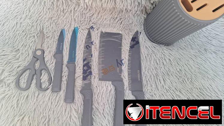 Set de cuchillos de 6 piezas con base plastica marca KUNSION hoja dura en 10000cup