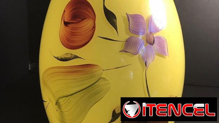 Tarro de galletas vintage Bartlett Collins de vidrio amarillo con flores y frutas pintadas a mano. Años 50