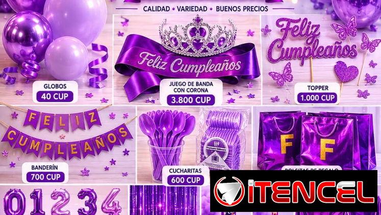 Globos, banderines feliz cumpleaños, coronas banda, manteles, bolsa de cumpleaños,