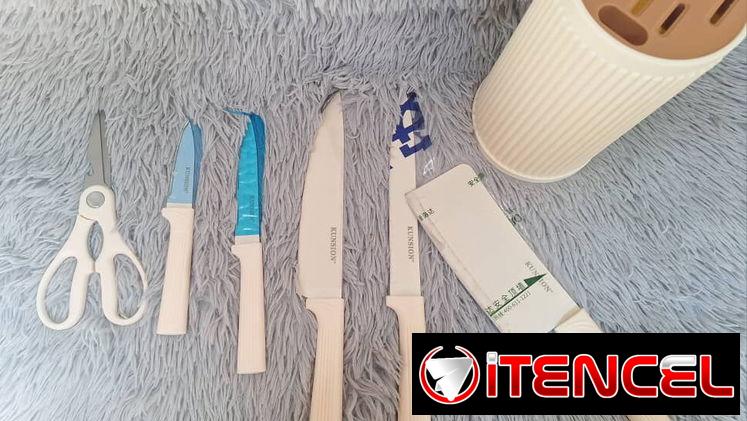 Set de cuchillos de 6 piezas con base plastica marca KUNSION hoja dura en 10000cup