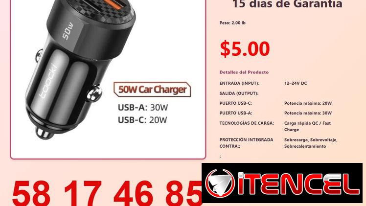 Toocki – Cargador de coche 50W doble puerto USB A + Tipo C