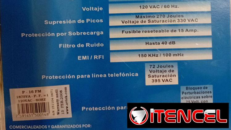 Supresor profesional P-16 para proteger los equipos electrónicos de altos Voltajes. 6 toma corriente y un toma p/teléfon