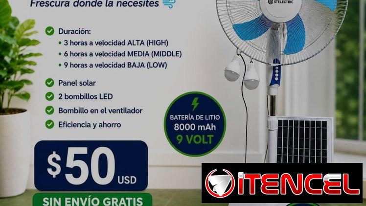 Ventilador recargable con panel solar y 2 bombillas