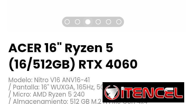 ACER 16″ Ryzen 5 (16/512GB) RTX 4060. Modelo: Nitro V16 ANV16-41. Nueva con garantía
