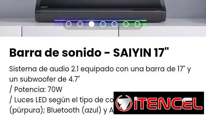 Barra de sonido – SAIYIN 17″. Sistema de audio 2.1 equipado con una barra de 17″ y un subwoofer de 4.7″. Nueva
