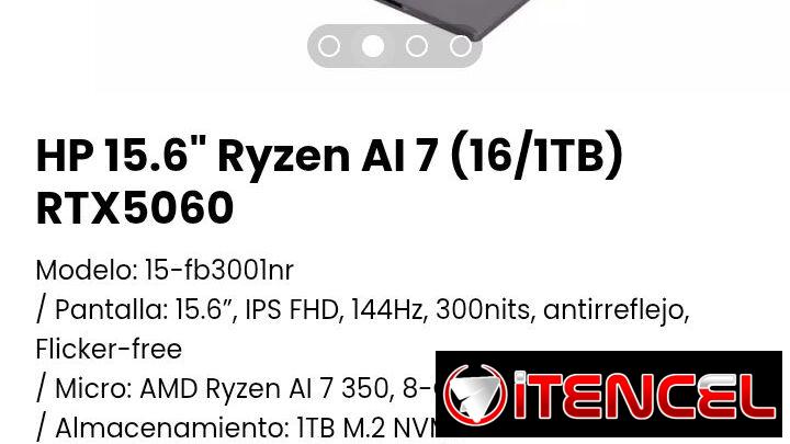 HP 15.6″ Ryzen AI 7 (16/1TB) RTX5060. Modelo: 15-fb3001nr. Nueva con garantía