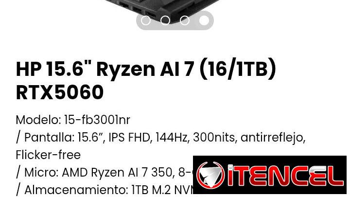 HP 15.6″ Ryzen AI 7 (16/1TB) RTX5060. Modelo: 15-fb3001nr. Nueva con garantía