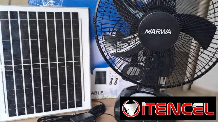 Ventilador recargable de mesa 12″ marca MARWA Panel solar -2 bombillos LED -Puerto USB