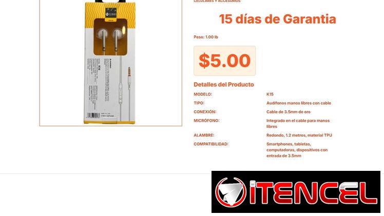 Sistema manos libres incluye este Audífonos manos libres con cable K15 VPT#-0009