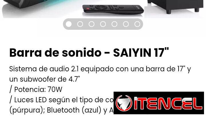 Barra de sonido – SAIYIN 17″. Sistema de audio 2.1 equipado con una barra de 17″ y un subwoofer de 4.7″. Nueva