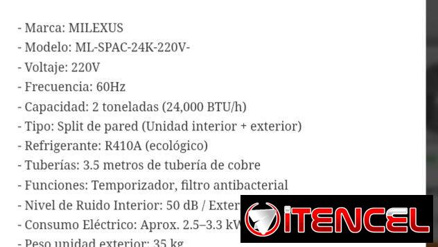 Split Milexus 1 t |Marca Milexus |Garantía  y  Trasnporte incluido .