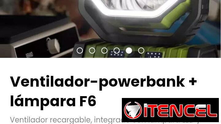 Ventilador-powerbank + lámpara F6. Incluye control remoto y cable de alimentación