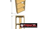 Estante vertical de pino macizo, apoyado en pared, ideal para exhibir libros, adornos y productos.